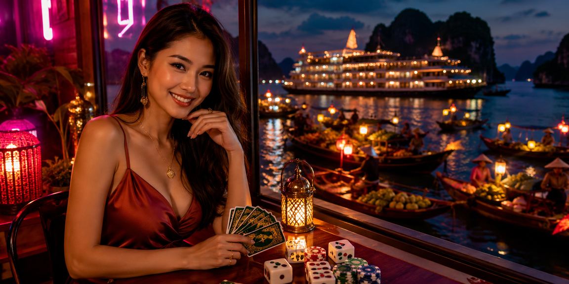 Người dùng chơi game bài trực tuyến bên cạnh vịnh Hạ Long trong không khí thư giãn