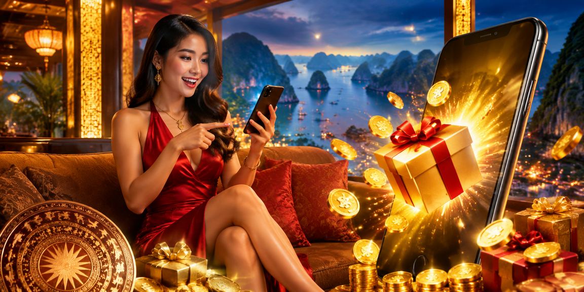 Người dùng trẻ tại vịnh Hạ Long chơi casino trên điện thoại trong khung cảnh thiên nhiên
