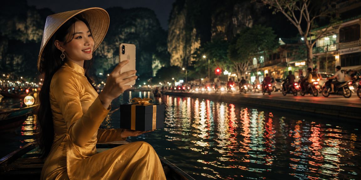 Cảnh ban đêm tại Ninh Bình với biển hiệu neon – biểu tượng cho các ưu đãi VIP và điều khoản thưởng